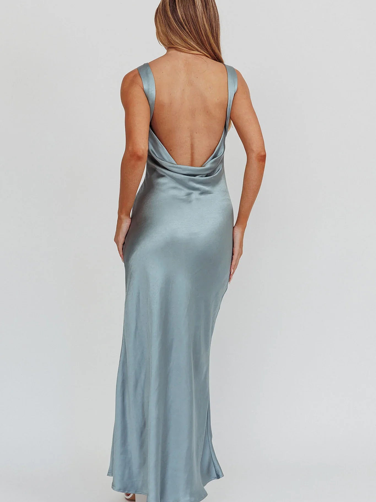 Carmine Satin Sleeveless Maxi Dress Blue 2