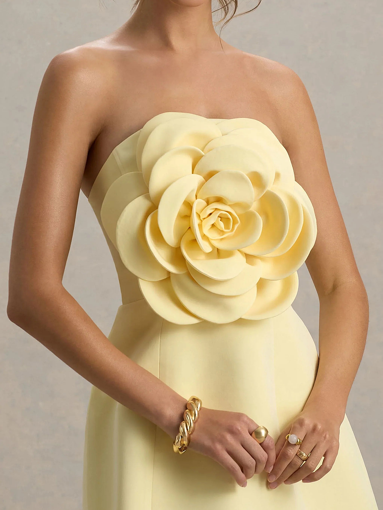 Daffodil | Lemon Bandeau Mini Dress With Large Floral Corsage 3