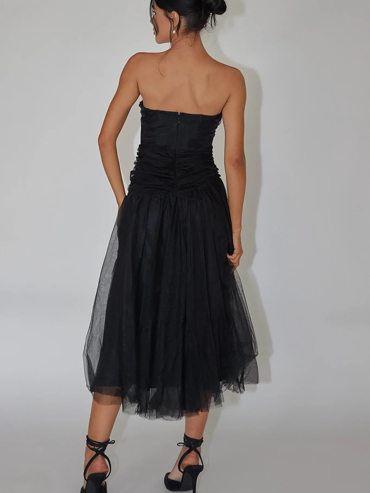 Daphnie Drop Waist Tulle Midi Dress Black 2