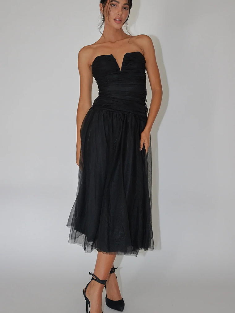 Daphnie Drop Waist Tulle Midi Dress Black 3