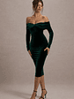 Compliment | Bottle Green Velvet Bardot Midi Dress - thumbnail 1