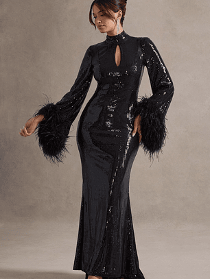 Cosmic Star | Black Sequin High-Neck Maxi Dress With Feather Cuffs