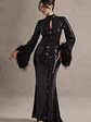 Cosmic Star | Black Sequin High-Neck Maxi Dress With Feather Cuffs - thumbnail 1