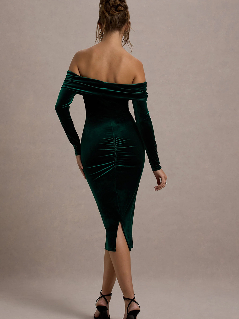 Compliment | Bottle Green Velvet Bardot Midi Dress 2