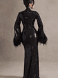 Cosmic Star | Black Sequin High-Neck Maxi Dress With Feather Cuffs - thumbnail 2