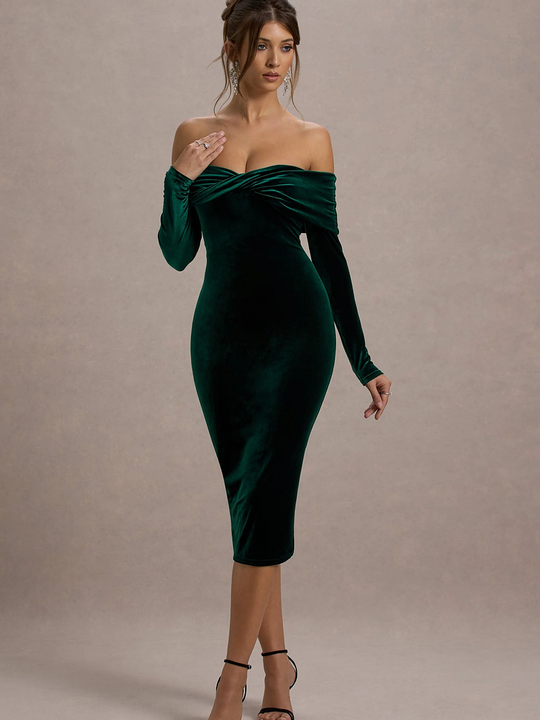 Compliment | Bottle Green Velvet Bardot Midi Dress 3
