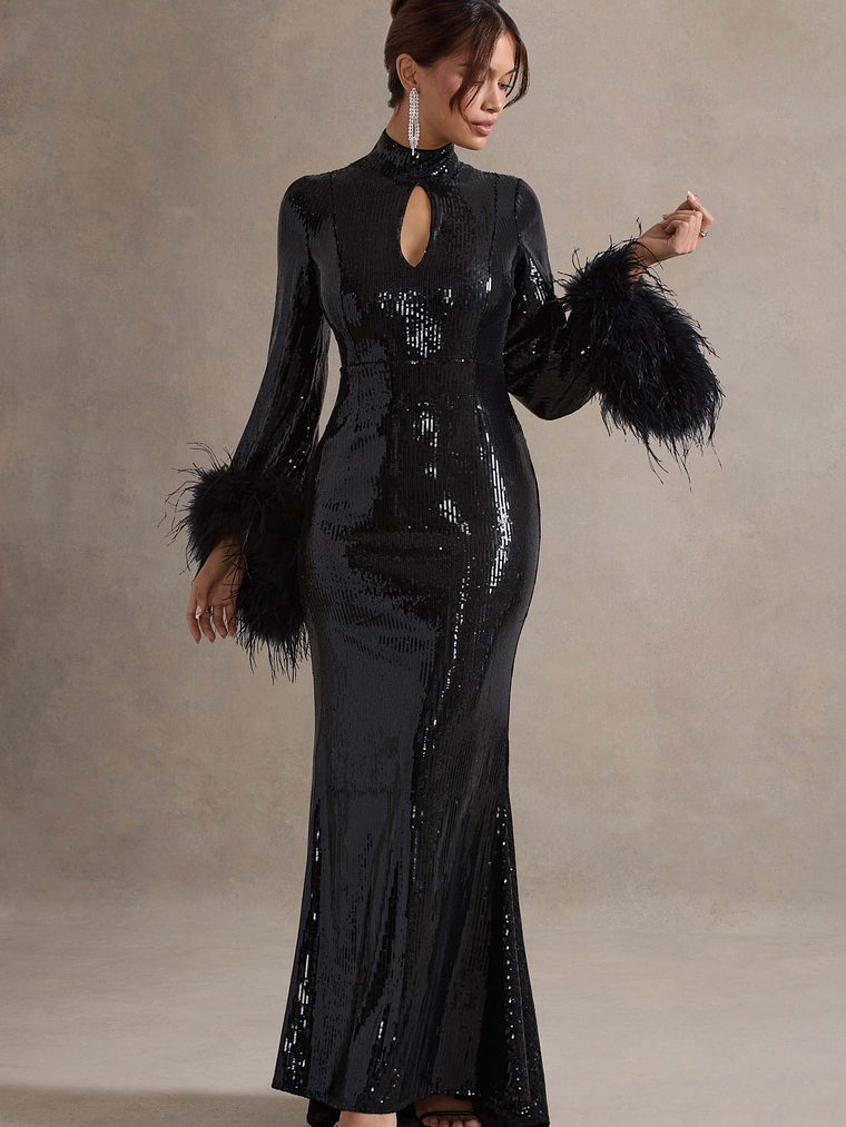 Cosmic Star | Black Sequin High-Neck Maxi Dress With Feather Cuffs 5