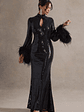 Cosmic Star | Black Sequin High-Neck Maxi Dress With Feather Cuffs - thumbnail 5