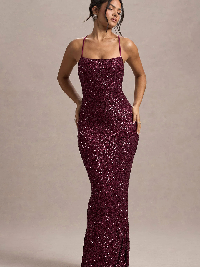 Cosmic | Berry Sequin Square-Neck Strappy Maxi Dress 1