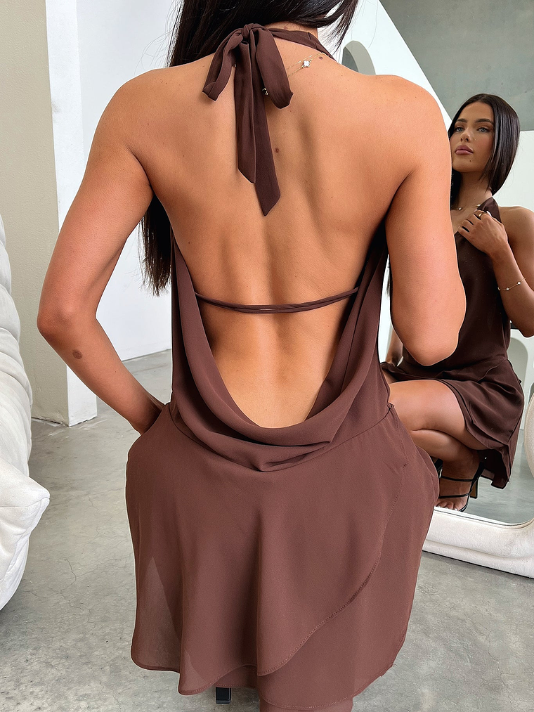 Cleo Plunge Cowl Neck Mini Dress - Brown 2