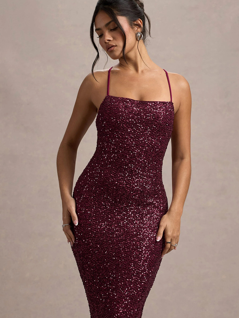 Cosmic | Berry Sequin Square-Neck Strappy Maxi Dress 3