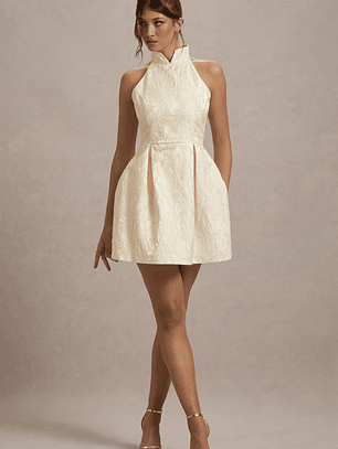 Costa | Ecru Jacquard High-Neck Mini Dress With Pleated Skirt