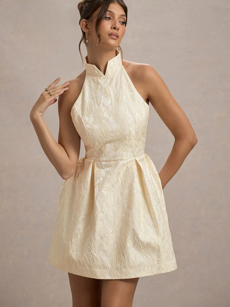 Costa | Ecru Jacquard High-Neck Mini Dress With Pleated Skirt 3