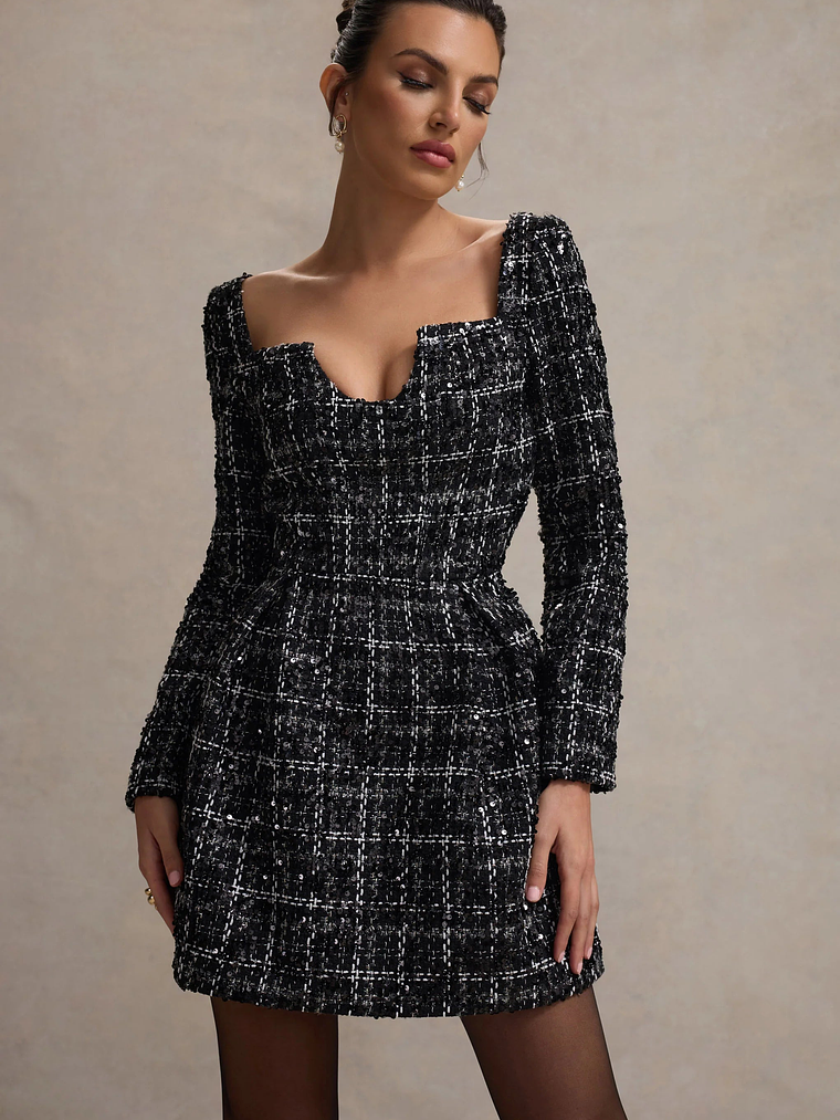 Contessa | Black Boucle Long-Sleeve Mini Dress 3