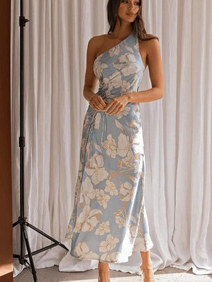 Casa Del Mar One-Shoulder Ruched Midi Dress Floral Blue