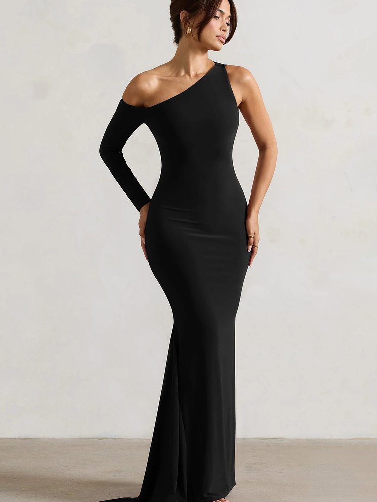 Contradiction | Black One-Sleeve Asymmetric Maxi Dress 1