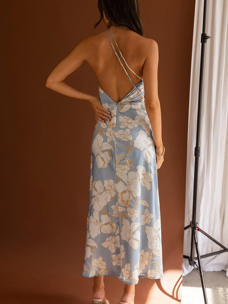 Casa Del Mar One-Shoulder Ruched Midi Dress Floral Blue 2
