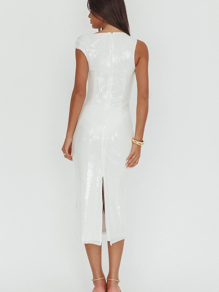 Country Club Asymmetric Neckline Midi Dress Sequin White 2