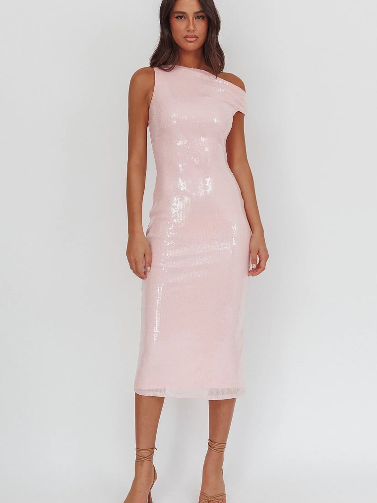 Country Club Asymmetric Neckline Midi Dress Sequin Blush 4