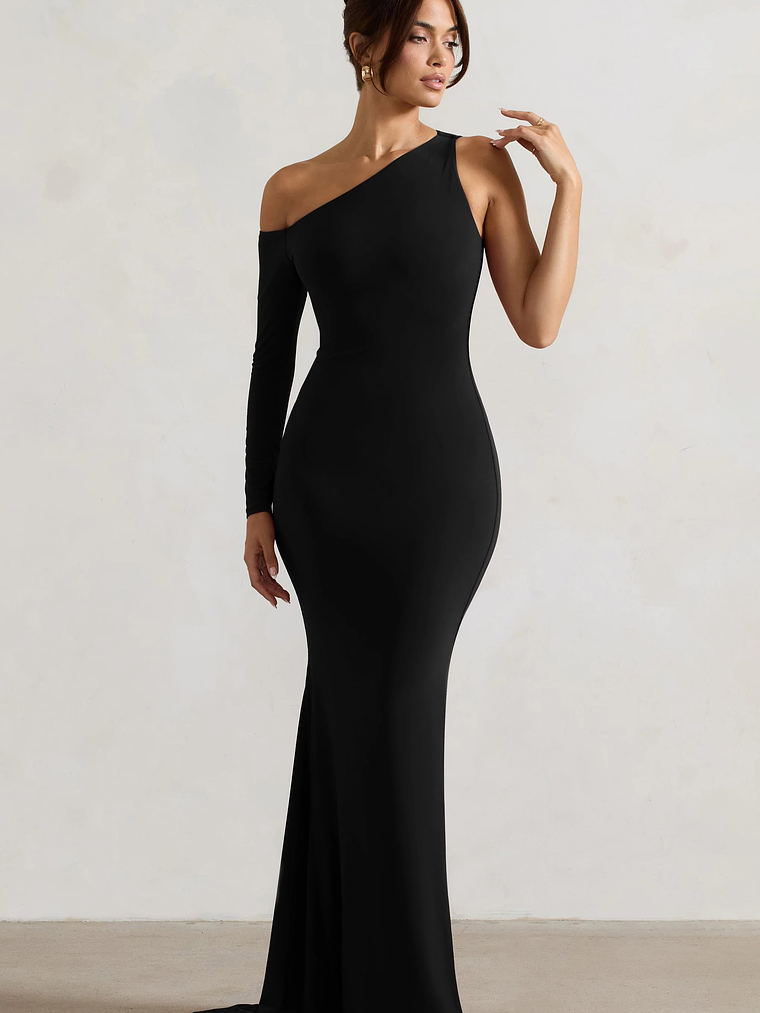 Contradiction | Black One-Sleeve Asymmetric Maxi Dress 4