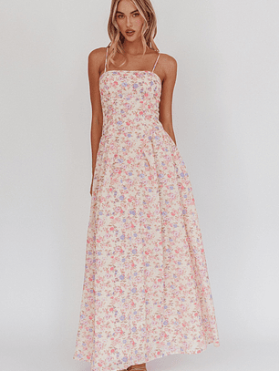 Daisy Day Basque Waist Maxi Dress Floral Blue