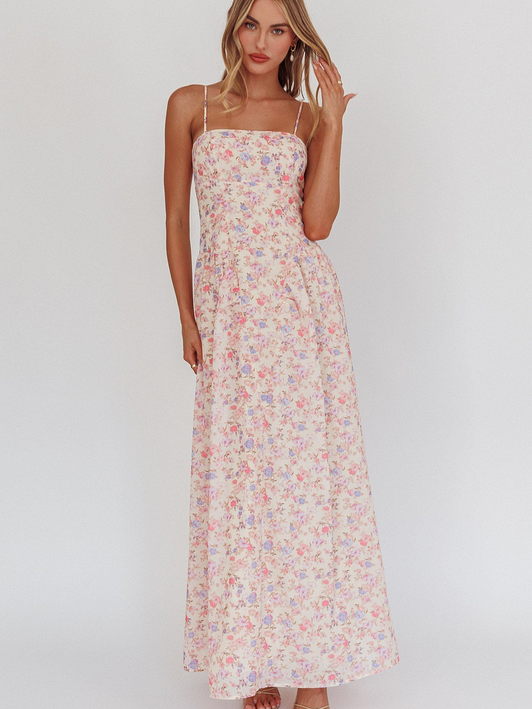 Daisy Day Basque Waist Maxi Dress Floral Blue 5