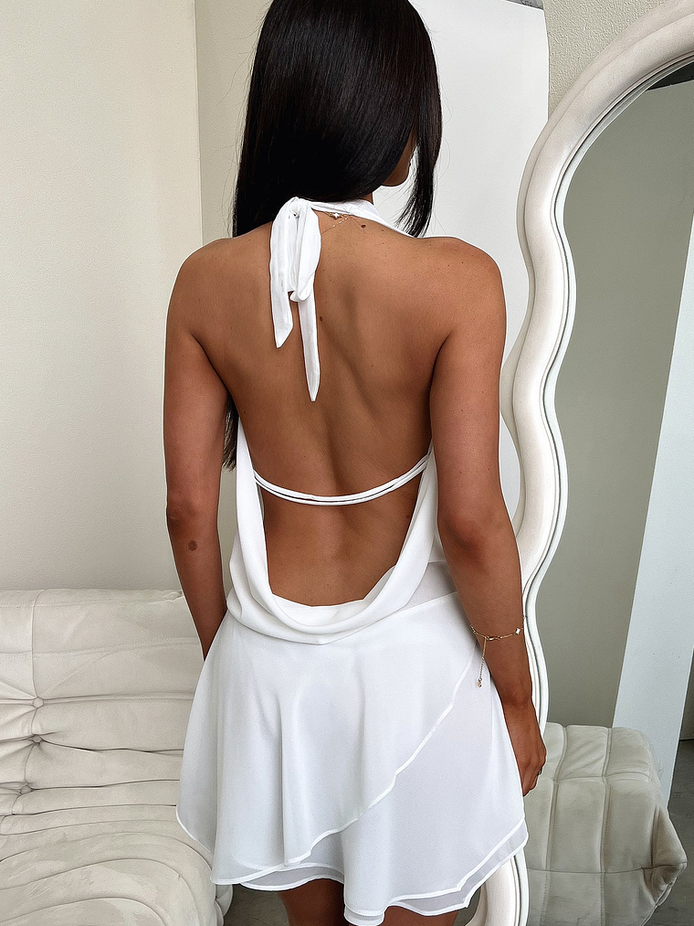 Cleo Plunge Cowl Neck Mini Dress - White 6