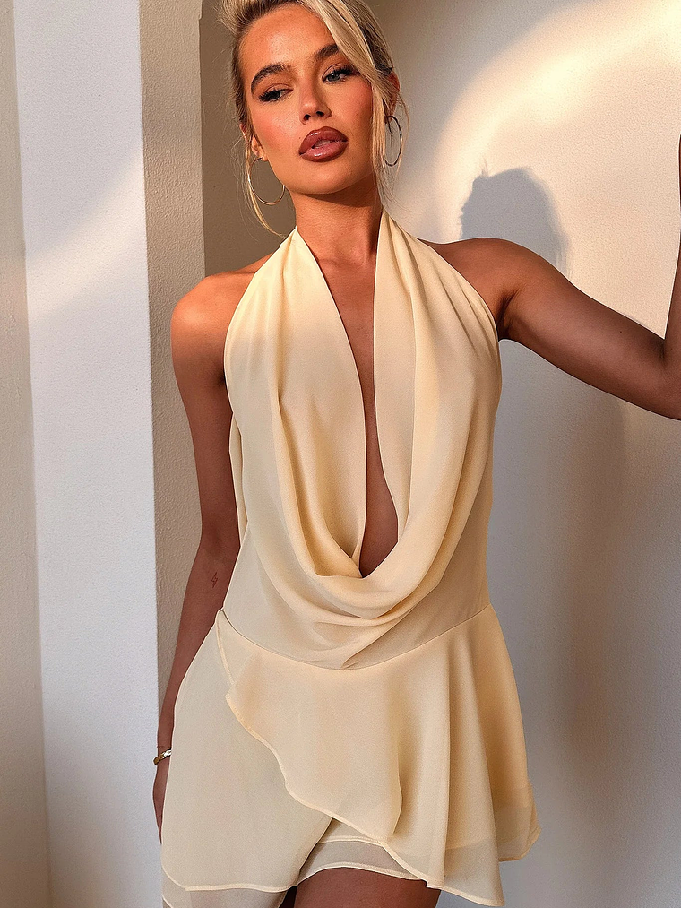 Cleo Plunge Cowl Neck Mini Dress - Yellow 4