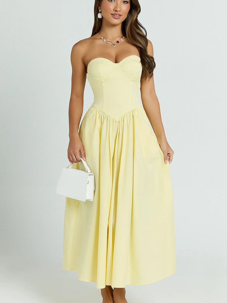 Daria Midi Dress Strapless Corset Gathered Dress in Lemon 1