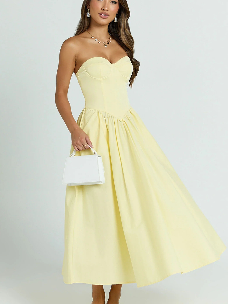 Daria Midi Dress Strapless Corset Gathered Dress in Lemon 2