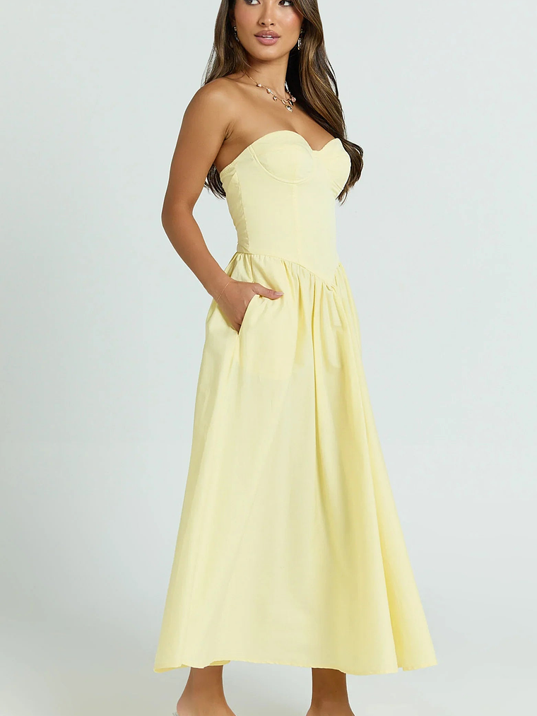 Daria Midi Dress Strapless Corset Gathered Dress in Lemon 3