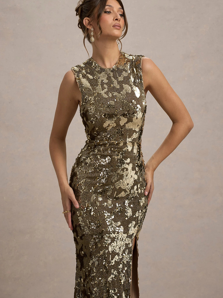 Cleopatra | Gold Sequin Split Maxi Dress 4