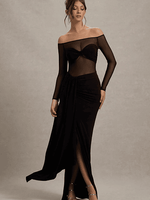 Cover Star | Black Mesh Bardot Long-Sleeve Draped Maxi Dress