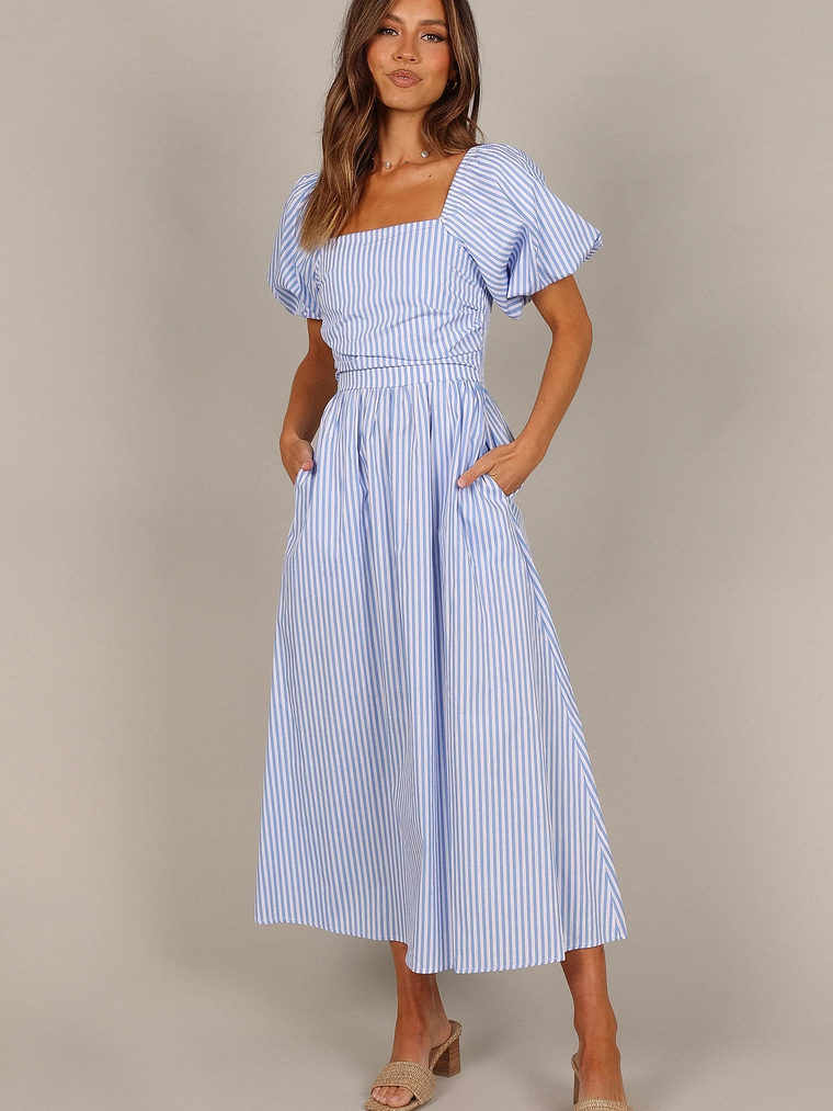 Clo Puff Sleeve Midi Dress - Blue Stripe 1