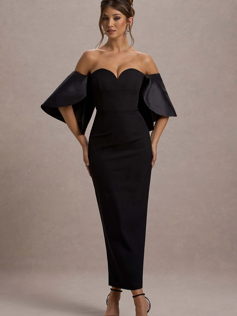 Dalani | Black Corset Maxi Dress With Satin Puff Sleeves 1