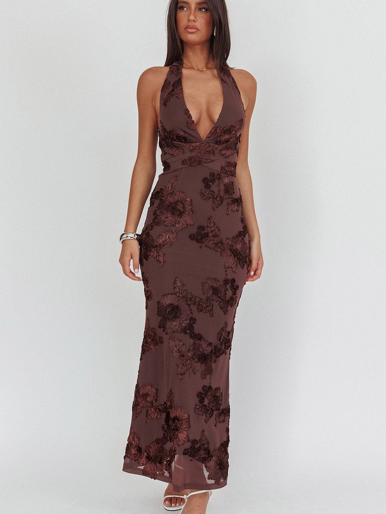 Cipriana Backless Halter Maxi Dress Embellished Brown 1