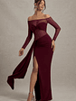 Cover Star | Burgundy Mesh Bardot Long-Sleeve Draped Maxi Dress - thumbnail 1