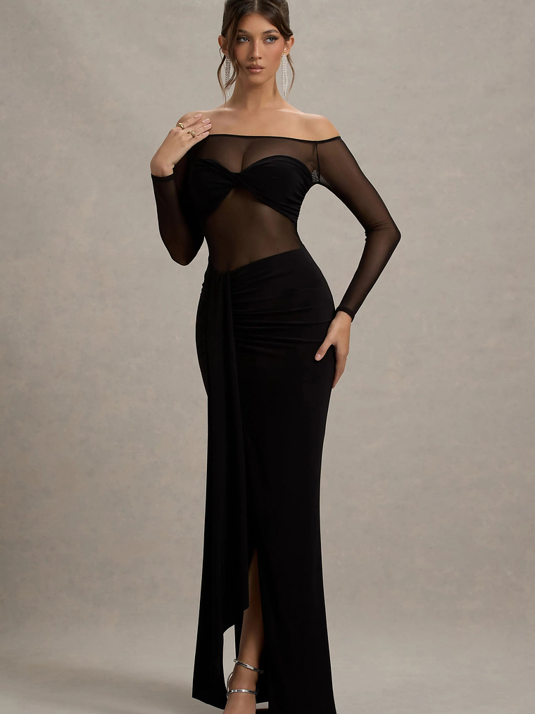 Cover Star | Black Mesh Bardot Long-Sleeve Draped Maxi Dress 4
