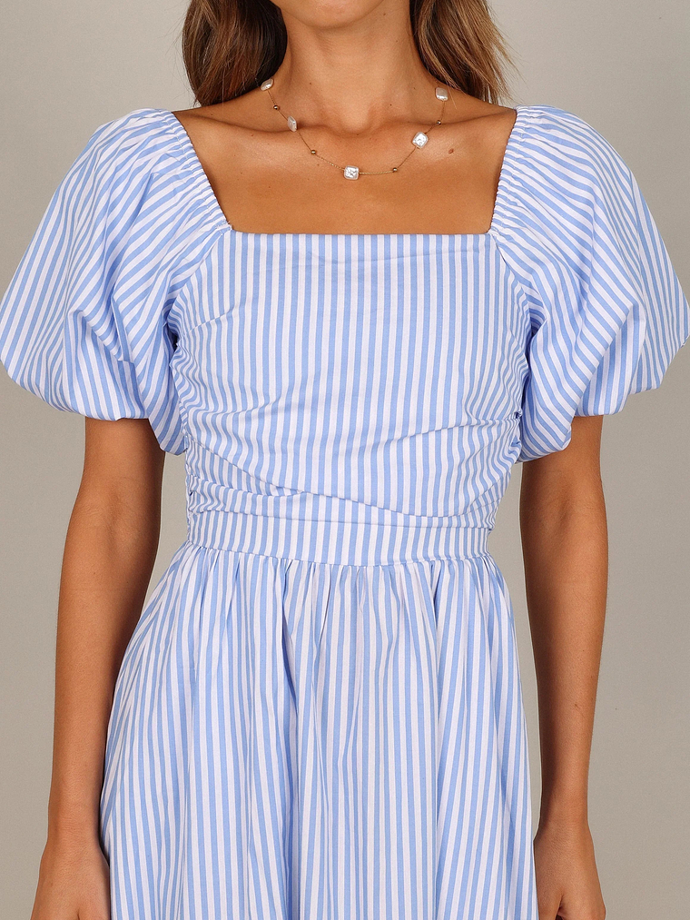 Clo Puff Sleeve Midi Dress - Blue Stripe 2