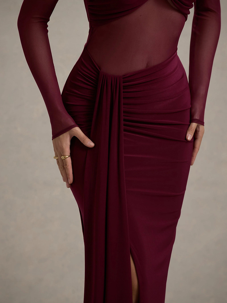 Cover Star | Burgundy Mesh Bardot Long-Sleeve Draped Maxi Dress 2