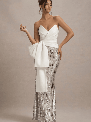 Ceres | Ecru Strapless Draped Maxi Dress With Sequin Skirt