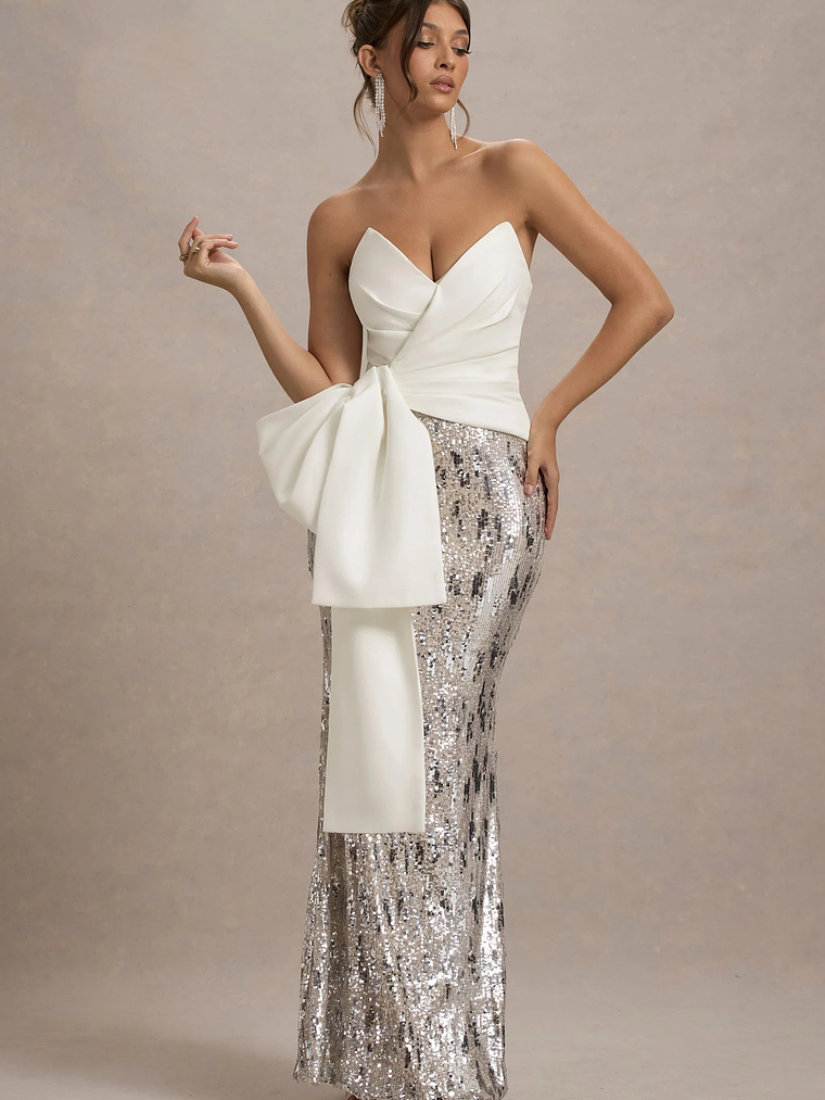 Ceres | Ecru Strapless Draped Maxi Dress With Sequin Skirt 1