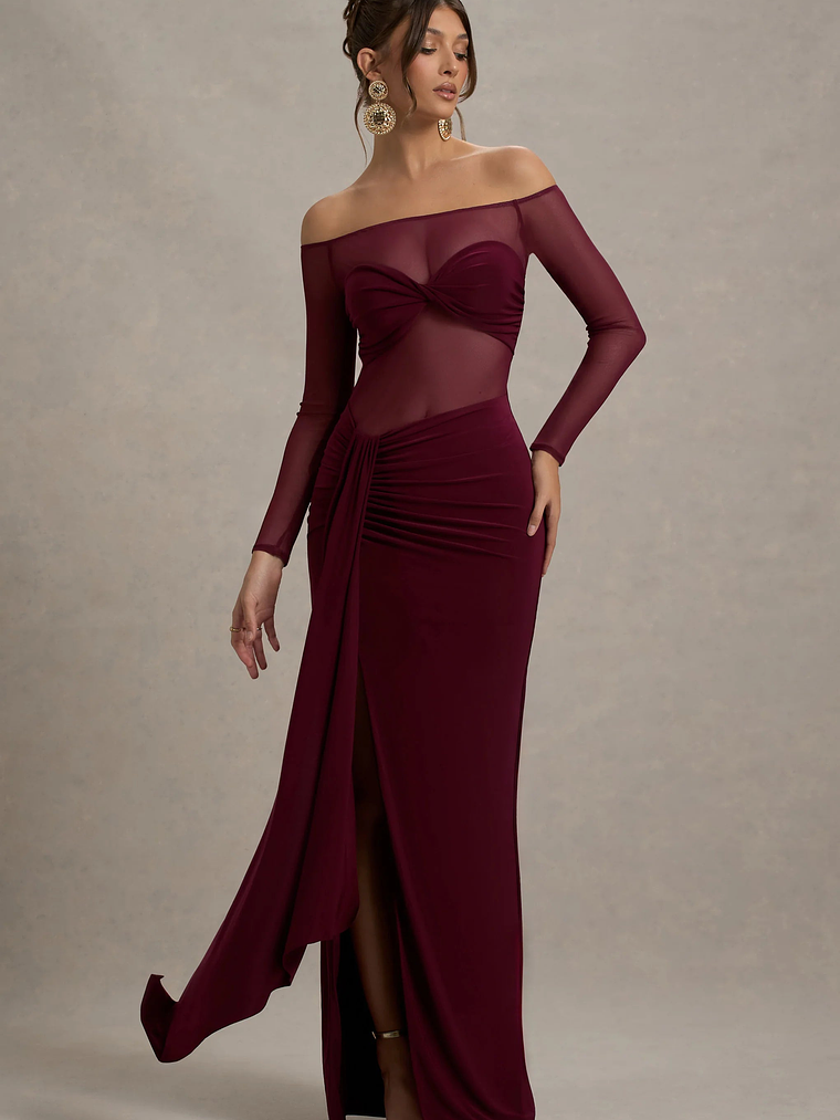 Cover Star | Burgundy Mesh Bardot Long-Sleeve Draped Maxi Dress 3