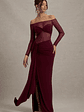 Cover Star | Burgundy Mesh Bardot Long-Sleeve Draped Maxi Dress - thumbnail 3