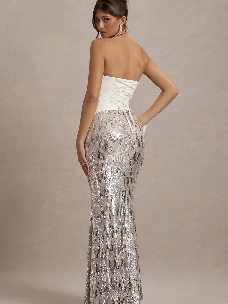 Ceres | Ecru Strapless Draped Maxi Dress With Sequin Skirt 2