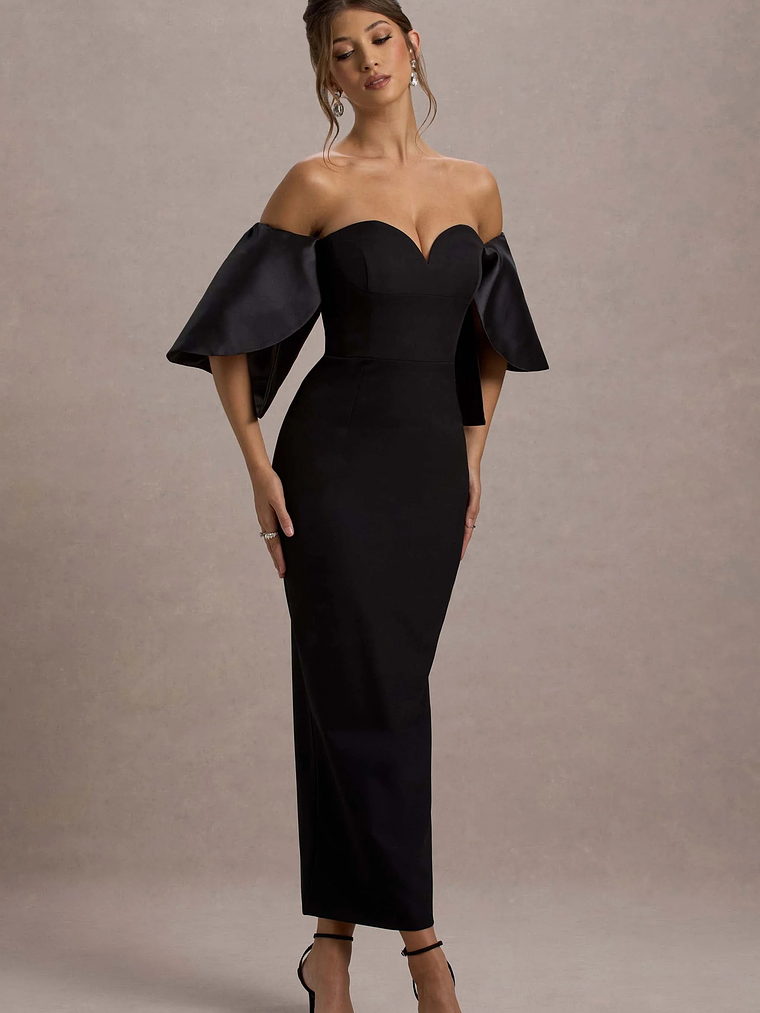 Dalani | Black Corset Maxi Dress With Satin Puff Sleeves 4