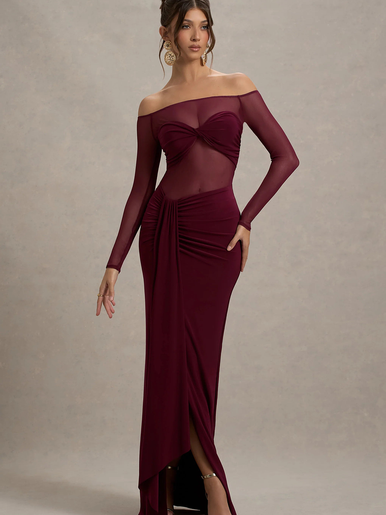 Cover Star | Burgundy Mesh Bardot Long-Sleeve Draped Maxi Dress 5