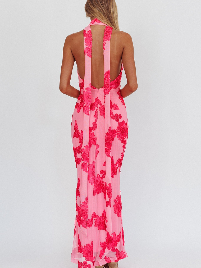 Cipriana Backless Halter Maxi Dress Embellished Pink 2