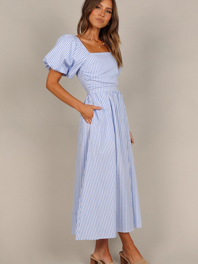 Clo Puff Sleeve Midi Dress - Blue Stripe 5