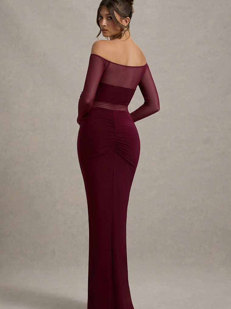 Cover Star | Burgundy Mesh Bardot Long-Sleeve Draped Maxi Dress 6